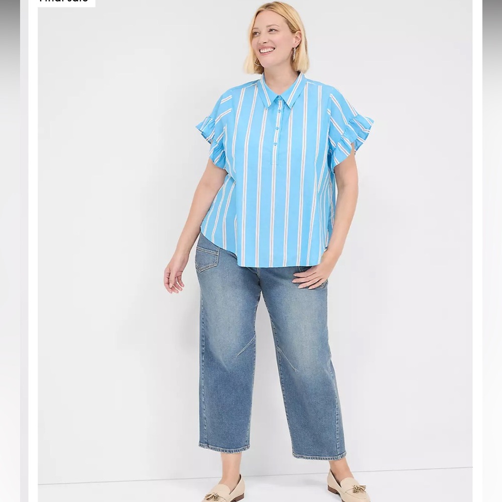 Lane Bryant Preppy Blue Stripe Short Ruffle-Sleeve Button-Down Top Size 20 NWT